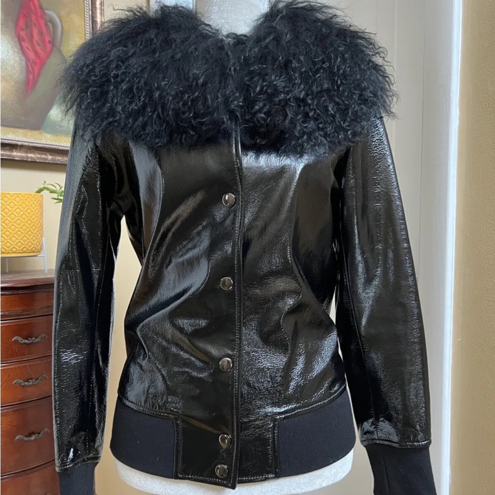 Charlotte Simone Black Va Va Varsity Jacket 100% Mongolian Lamb Fur Sz S